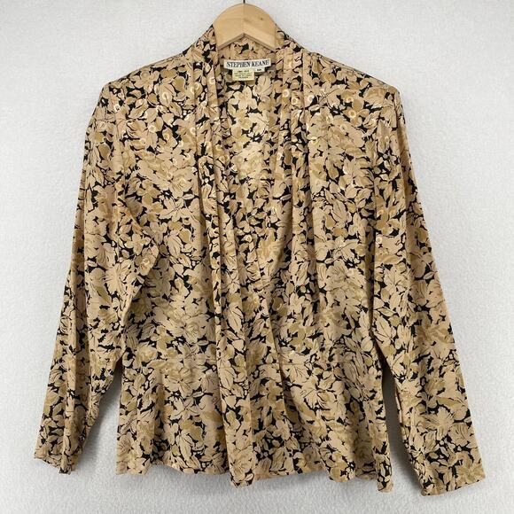 STEPHEN KEANE Blouse 10 Pleated Silk V-neck Floral Long Sleeve VTG Beige - Picture 1 of 11